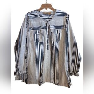 Art And Soul Striped Blue White Cotton LongSleeve Top Resort Beach Flowy Size XL